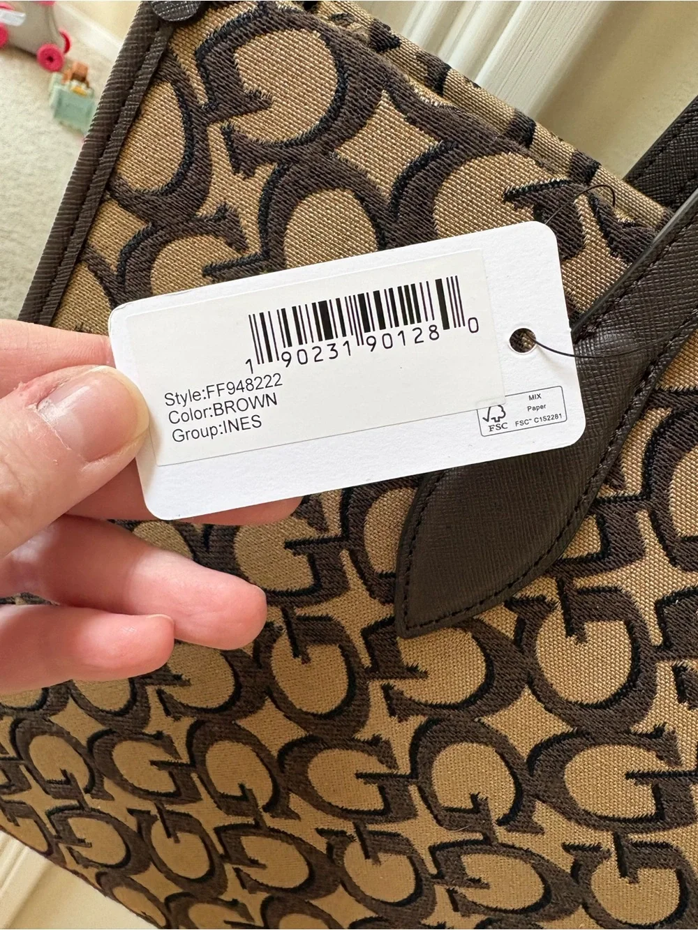 GUESS Brown Logo Jacquard Tote with Dark Brown Trim